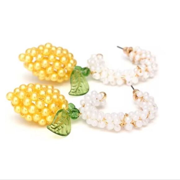New ZARA Lemon Shaped Beaded Pearl Hoop Earrings - Picture 6 of 12